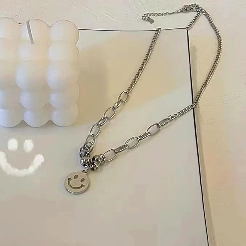 

Vintage Punk 14K Round Smiley Link Chain Pendant Necklace for Women Hip Hop Accessories Korean Fashion Cool Jewelry Party Hot