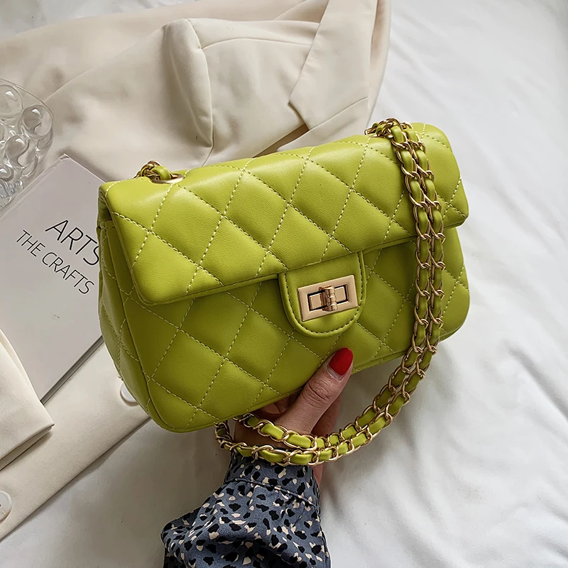 

Lingge Small PU Leather Flap Crossbody Bags for Women 2021 Designer Fashion Shoulder Purses and Handbags Chain Kiwi Green