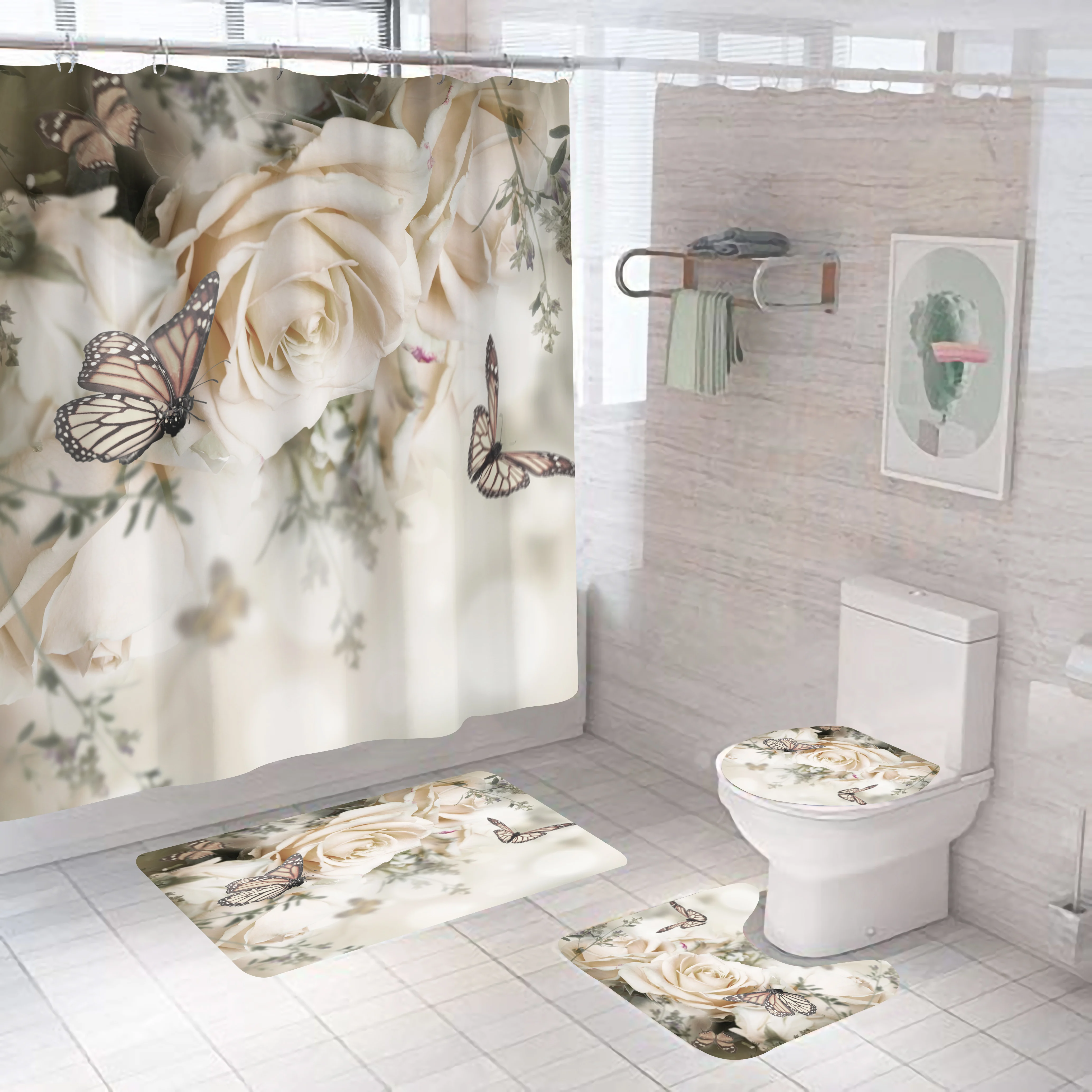 

Luxurious Butterfly Flower Printed White Rose Texture Shower Curtain Decor Bathroom Set Polyester Fabric With 12 Hooks