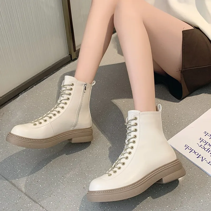 Women's Boots Women's Motorcycle Boots Shoes Lace-up Leather Non-slip Fashion Thick-soled Women's 2021 New Fall