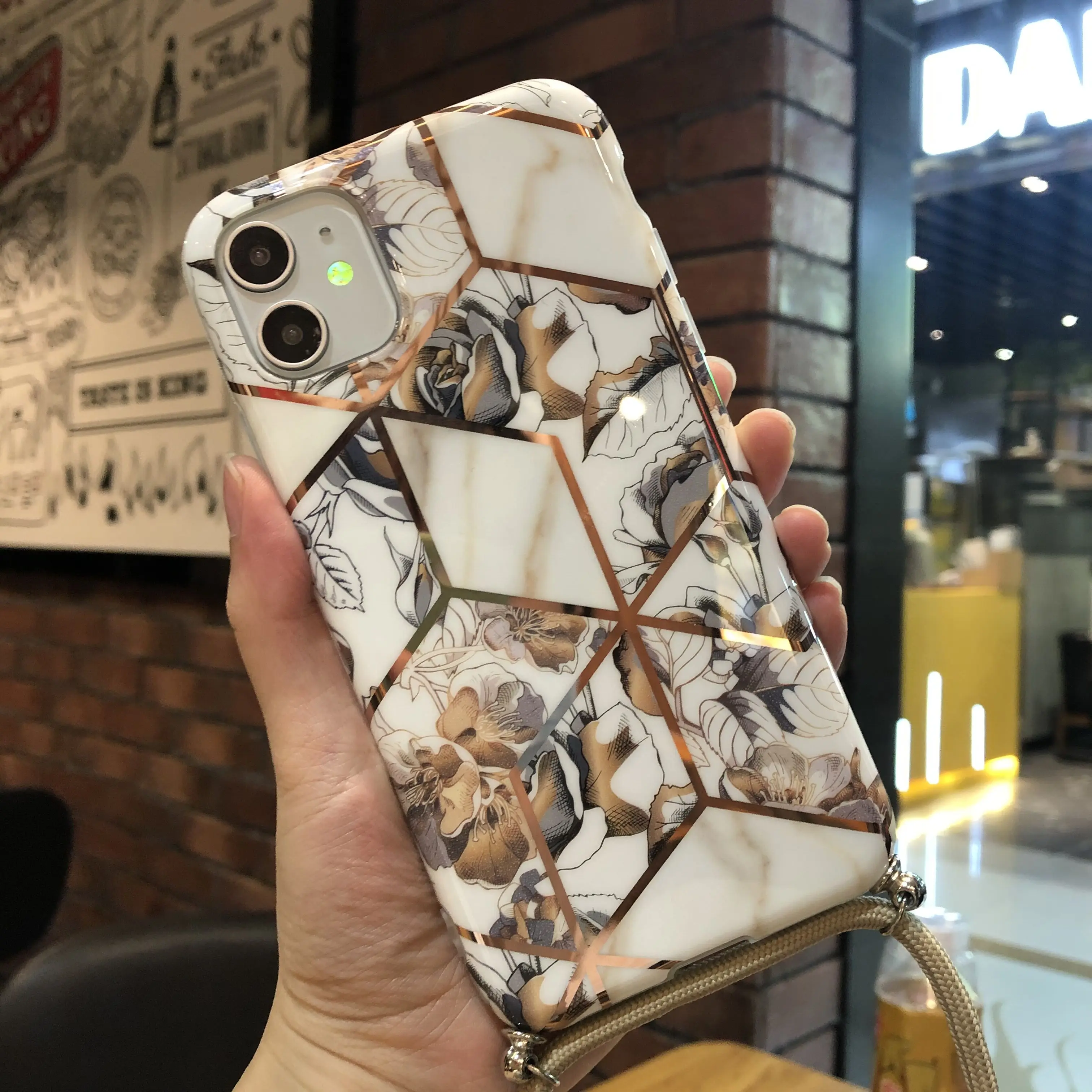 plated geometric flower and leaf cover for iPhone 11 X Xs max XR 7 8 6 6s se2020 case With Crossbody Lanyard Neck Strap Rope |