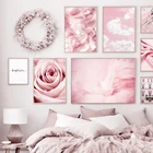 Розовое здание перо цветок пейзаж настенная живопись холст скандинавские постеры и принты настенные картины для декора гостиной