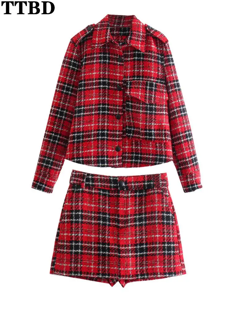 

TTBD vetement femme 2021 fashion with pockets short textured overshirt high waist tweed shorts skirts outfit korean style