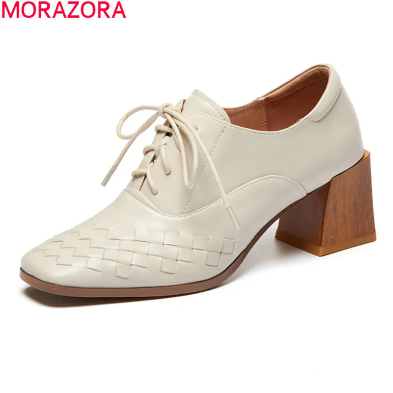 

MORAZORA/Большие размеры 34–42 женские туфли-лодочки; Модные кружевные туфли на высоких каблуках со шнуровкой, высокий каблук, обувь для женщин н...