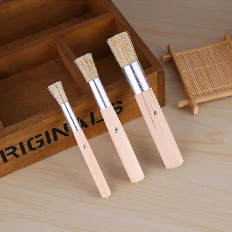 3pcs/Set Hog Bristle Brush Wooden Handle Stencil Brushes Art Supplies Tool for Acrylic Watercolor Oil Painting
