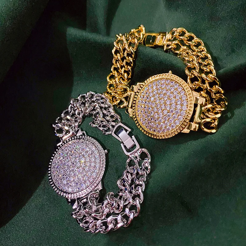 

European And American Temperament Geometric Disc Full Diamond Double-layer Bracelet Net Red Hip-hop Trend Watch Chain Perso