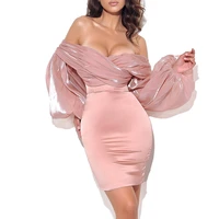 peach off shoulder balloon sleeve party dress 2021 new arrival sexy bodycon dress women summer night club dress outfits
