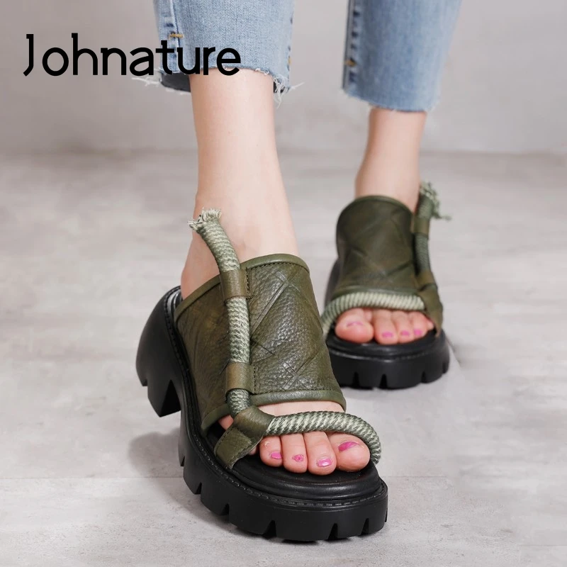 

Johnature Summer Shoes Women Slippers Genuine Leather 2022 New Outside Slides Wedges Handmade Retro Concise Ladies Silppers