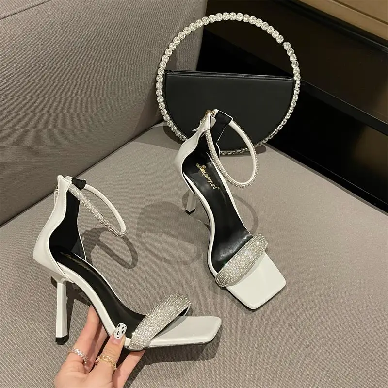 

Celebrity Same Style Women Sandals 2021 Summer New Square Toe Heels Sandals European And American Crystal High Heels Size 35-4