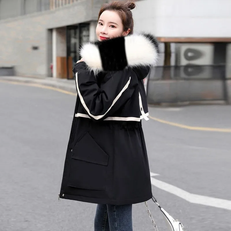 

2021 Winter Women Jacket Long Hooded Parkas Big Fur Collar Cotton Padded Female Warm Outwear Parka Manteau Femme Hiver Plus Size