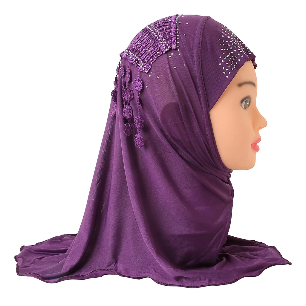 

10pcs/lot Girls Instant Hijab With Lace Islamic, Muslim Kids Turban Head scarf Soft Stretchable Hijabs
