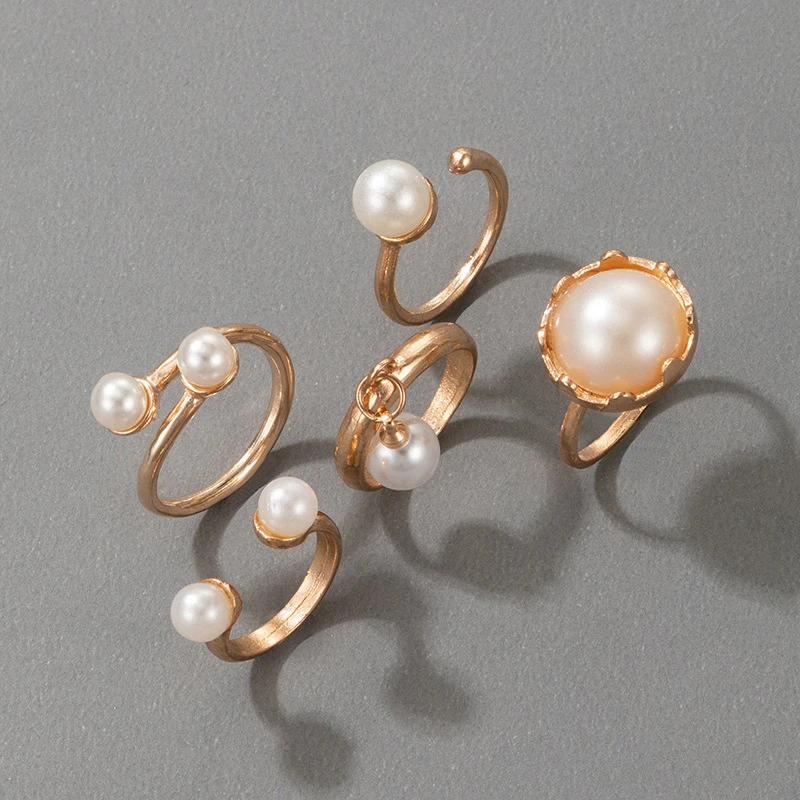 

5pcs/set Pearl Joint Midi Rings for Women Bohemian Open Alloy Rings Jewelry Gift
