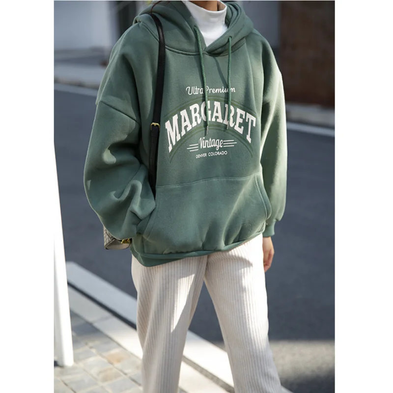 

2020 Autumn Winter Women Hoodies Plus Velvet Hooded New Loose Long-sleeved Fashion Casual Print Letter Pullovers Female Top