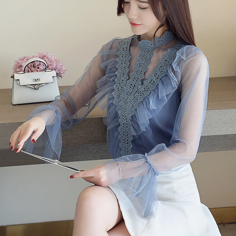 Женская прозрачная блузка Розовая рубашка с длинными рукавами Повседневная