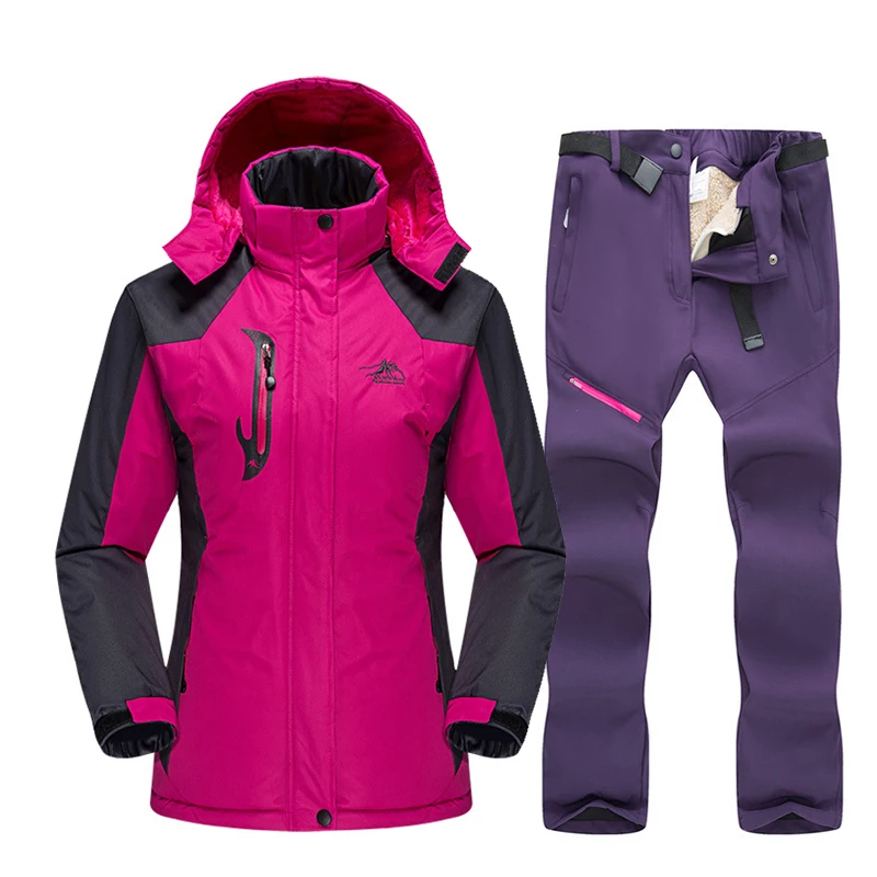 Rose red Purple Лыжный костюм для женщин, уличная водонепроницаемая ветрозащитная куртка для сноуборда, лыжная куртка, штаны, зимние лыжные флисовые куртки, женский лыжный костюм - Цвет: Rose red Purple