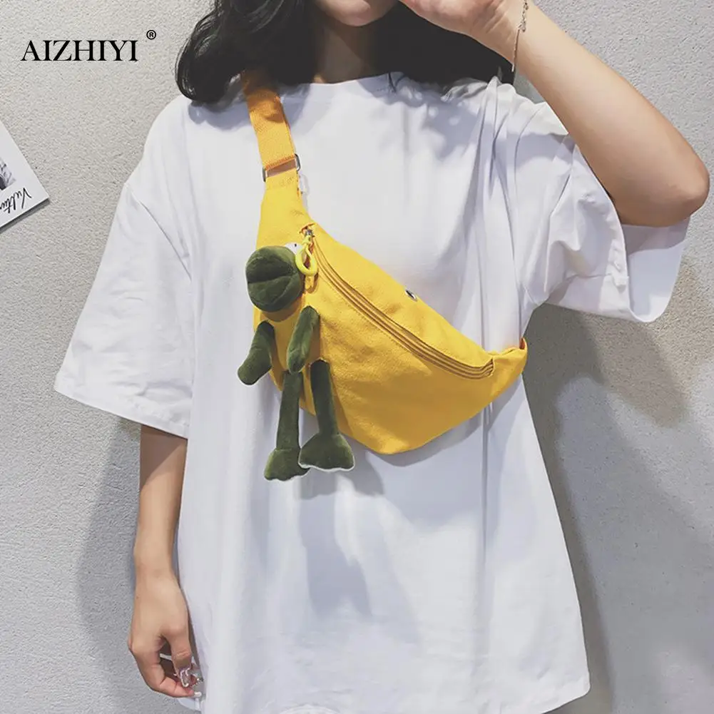 Creative Design Canvas Fanny Waist Belt Bag Women Classic Texture Chic Frog Doll Pendant Zipper Cute Shoulder Pouch |