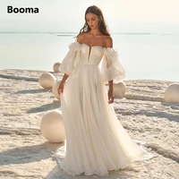 booma boho wedding dresses beach strapless long puffy sleeves chiffon v neck wedding gown sweep train custom made bridal gown