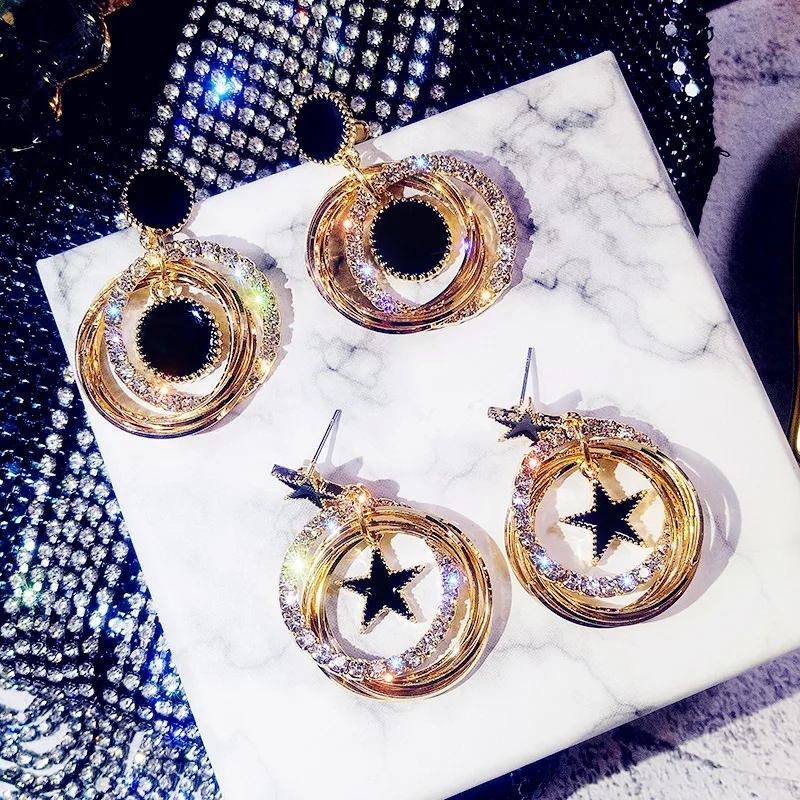 Серебряные серьги S925 с подвижными звездами многослойные из австрийских колец