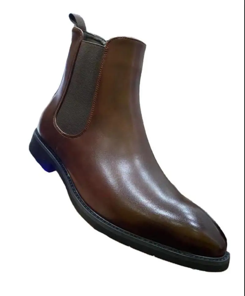 

Men New Fashion Pu Leather Slip-on Ankle Boots Pointed Toe Low Heel Shoes Male Casual Classic Retro Style Chelsea Boots TV809