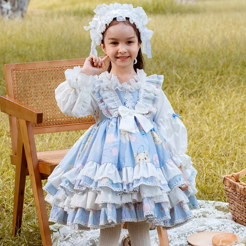 Girl Cartoon Bear Print Lolita Dresses Children Lace Bow Embroidery Ball Gown Kid Christmas Birthday Princess Party Ruffle Dress