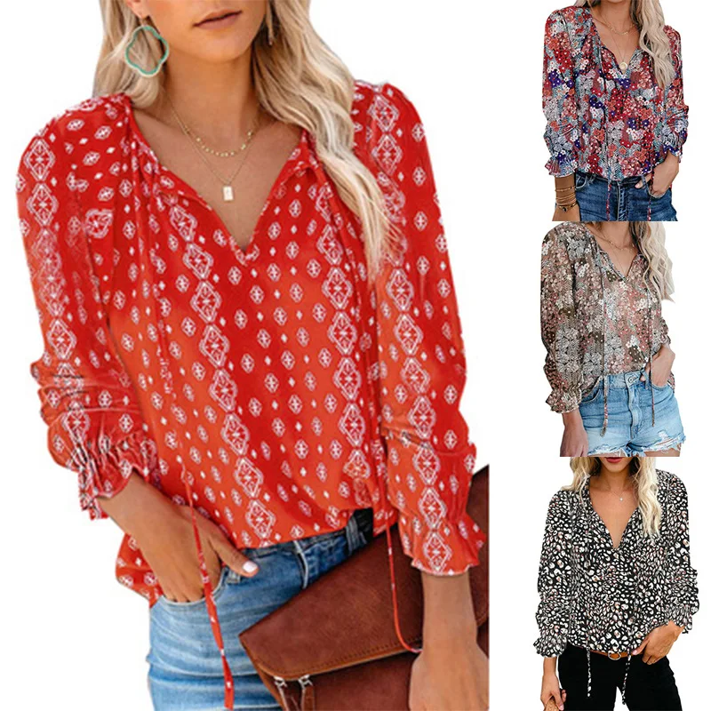 

2021 Summer Women's Tops V Neck Chiffon Shirt Loose Casual Print Nine Quarter Flared Sleeve Lace Up Pullovers Female