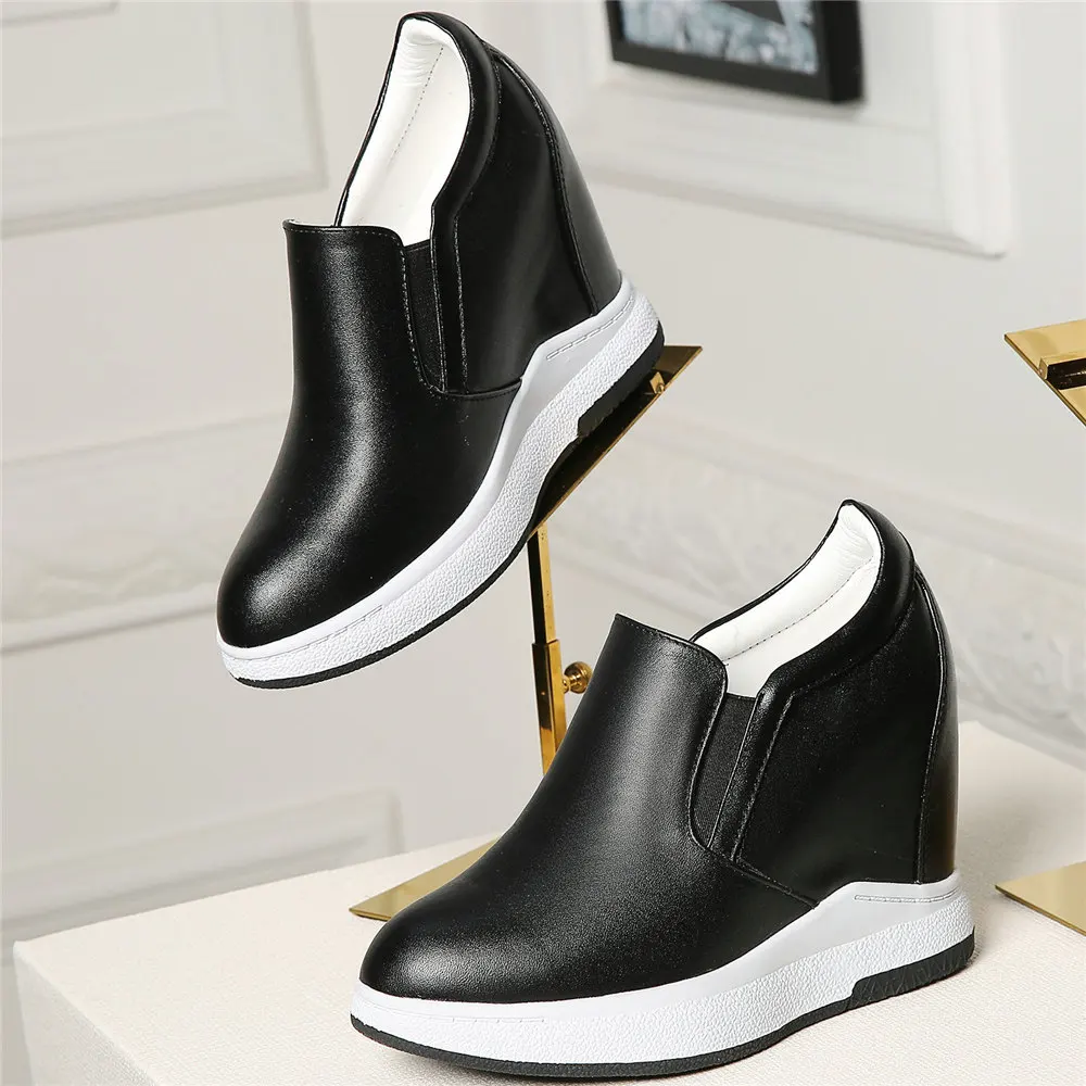 

Кроссовки женские из воловьей кожи, на танкетке, Вулканизированная подошва, круглый носок, без застежки, повседневная обувь на платформе, ту...