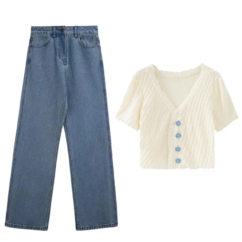 

WANYUCL summer dress age reduction solid color short-sleeved knitted top wide-leg jeans two-piece female