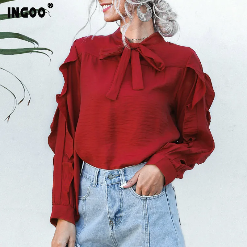 INGOO элегантная шифоновая блузка с бантом и оборками Повседневная винтажная