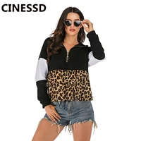 cinessd women leopard hooded sweatshirts hoodies black long sleeve patchwork zipper elastic tie 2019 casual tops pullover hoodie