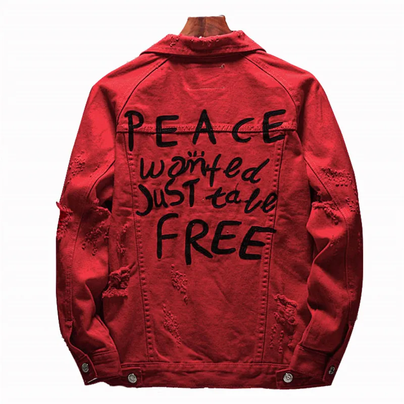 KIMSERE модная мужская уличная рваная джинсовая куртка с вышивкой потертостями