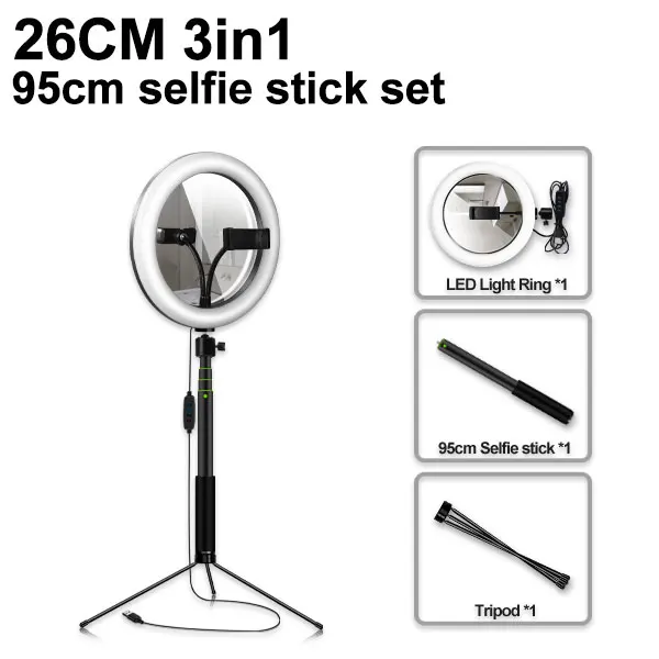 26cm type 3 in 1 10 дюймов 26 см светодиодная кольцевая лампа для селфи,фотосъемки, Yutube Live Video с штативом трипод, телефонным держателем и зеркалом - Цвет: 26cm type 3 in 1