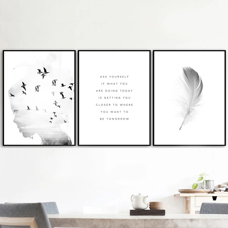 

Wall Art Canvas Painting Black White Girl's Feather Quotes Nordic Posters And Wall Pictures Prints For Living Room Bedroom Decor