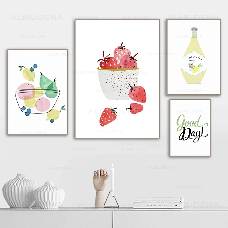 

Cartoon Funny Wall Art Poster Fruit Kitchen Nordic Lemon Strawberry Kitchen Wall Art Canvas Painting Bathroom Bedroom Home Decor