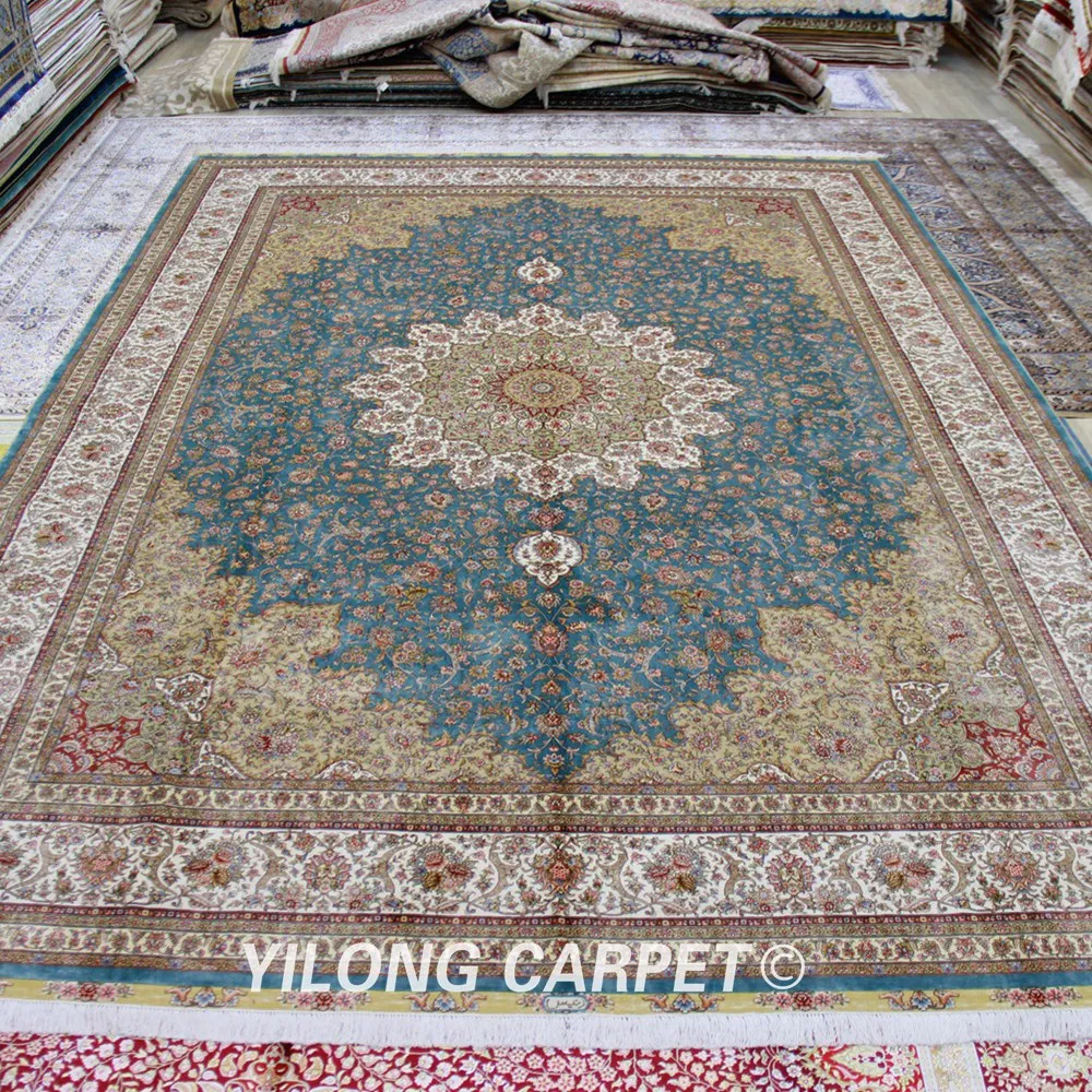 Yilong 10'x14' элегантный светильник синий Турецкий Дизайн Ручной Работы шелковые персидские ковры ручной работы(TJ061A