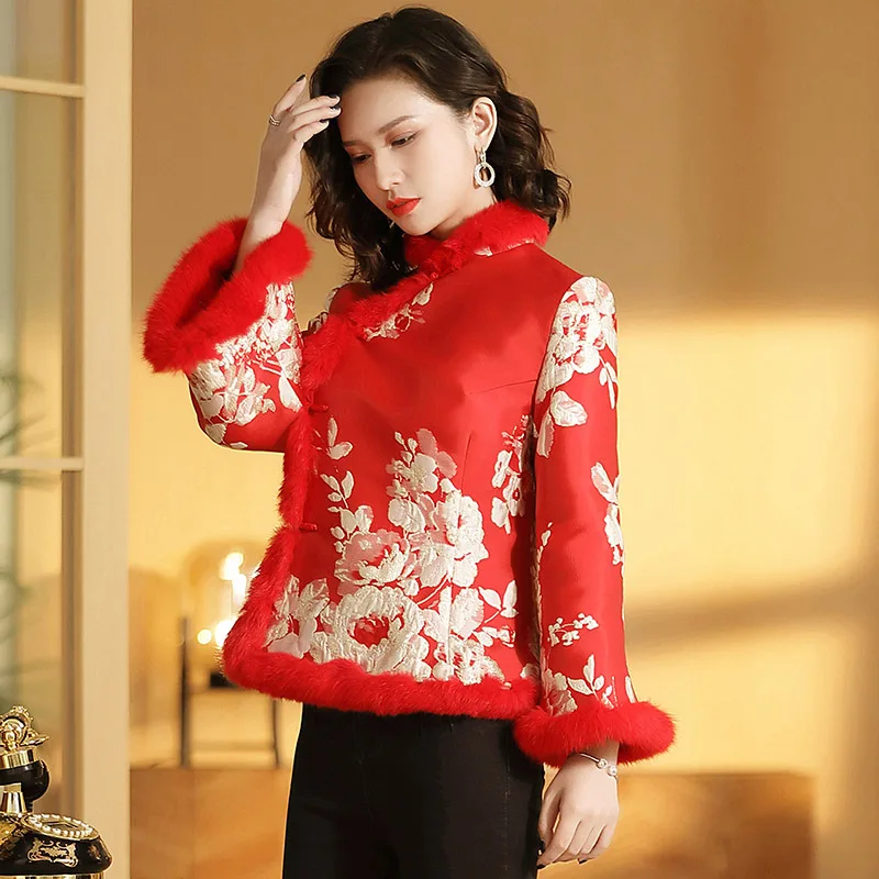 new year chinese-style dress Tang Costume collar cotton-padded jacket retro printing long-sleeved Short coat winter jackets - Цвет: Красный