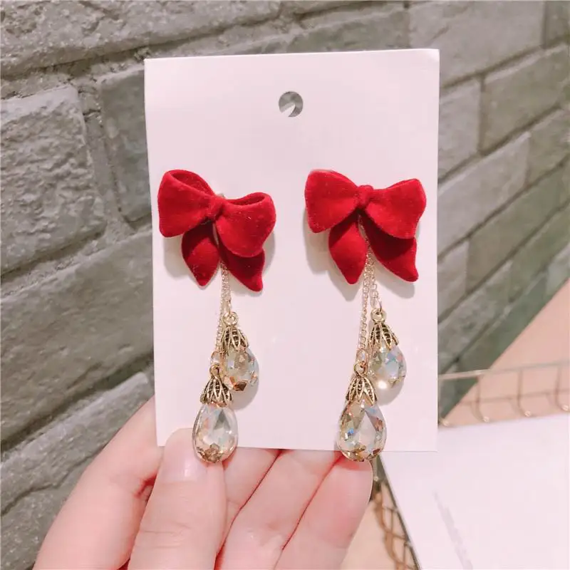 

Korean Red Bowknot Crystal Long Drop Earrings For Women Temperament New Fashion Jewelry pendientes Wholesale