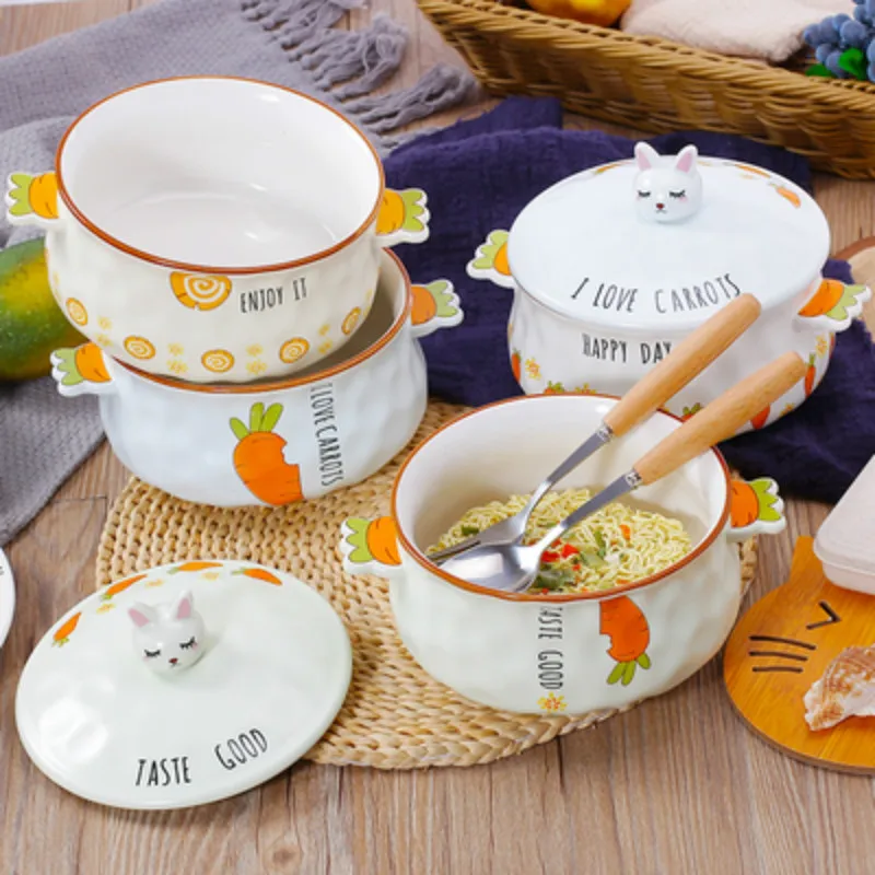 Милая керамическая чаша с крышкой вилка ложка для рамен риса салата закуска