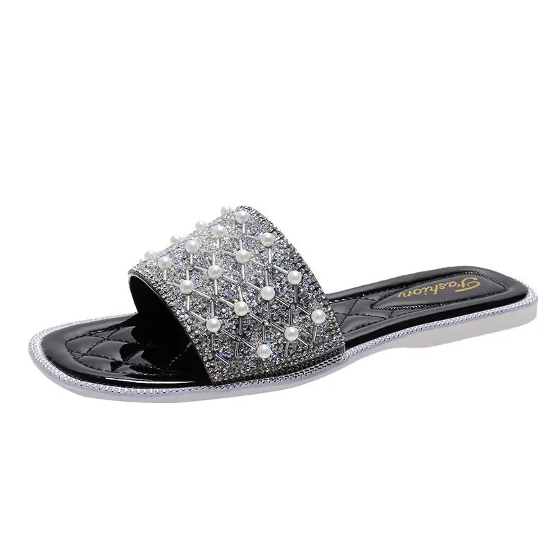 

Shoes Square Toe Slippers Casual Slipers Women Slides Big Size Luxury 2021 Summer Flat Rubber Fashion PU Basic Fabric Slippers C