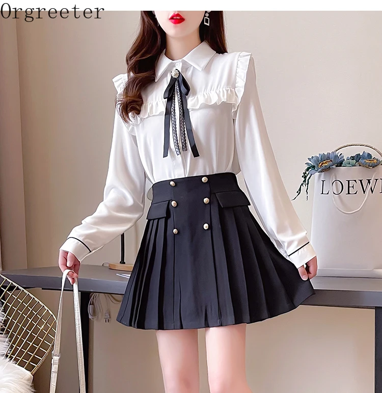

Women's Stylish All-match Casual Suits Spring Preppy Style Bowknot Ruffles Chiffon Shirt + Double-breasted Pleated Skirt Sets