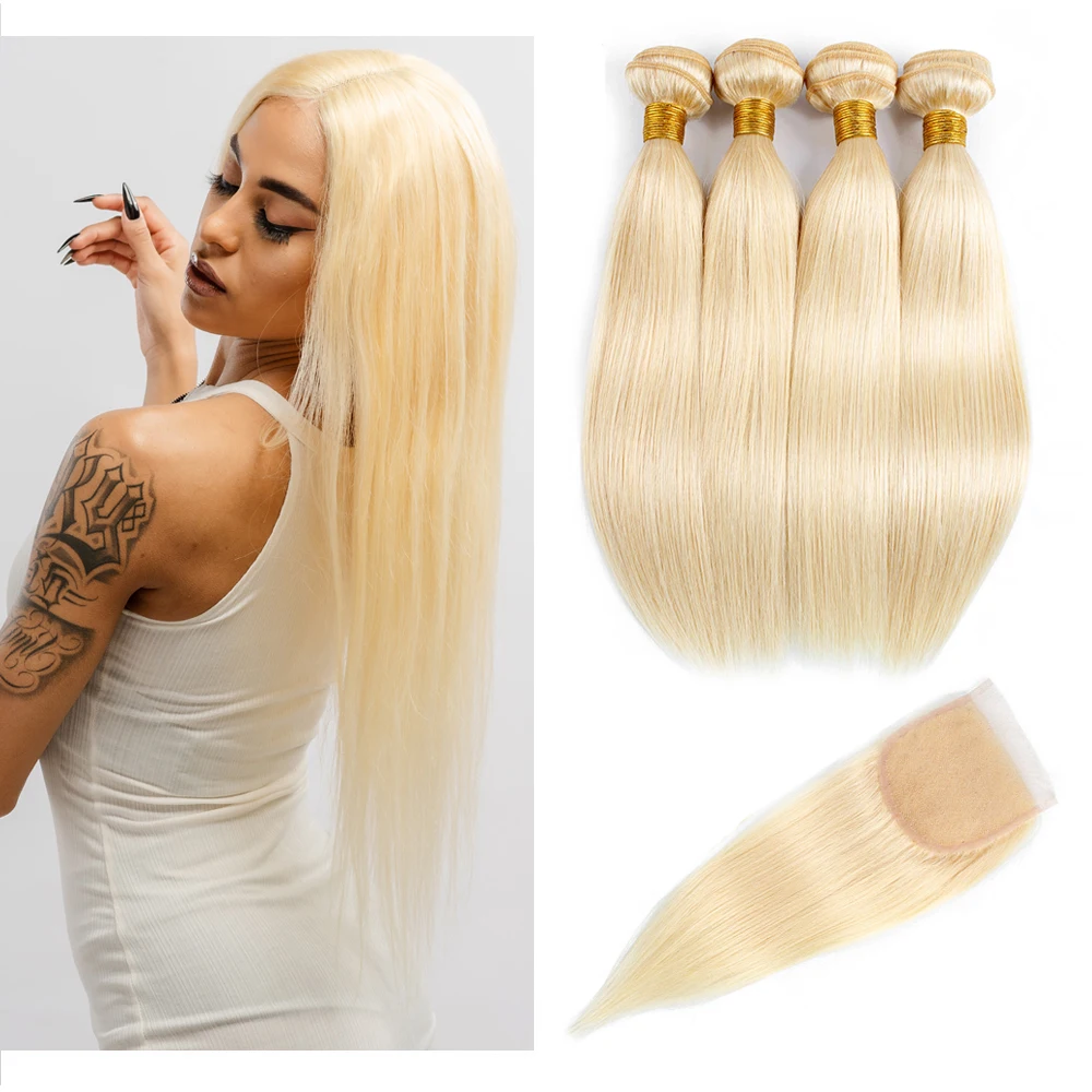 613 Platinum Blonde Hair 2/3 Bundles With Transparent Lace Closure Straight Remy Human Hair Extension Mogulhair