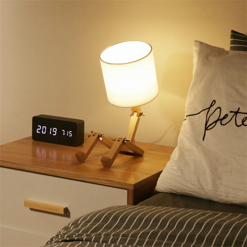 

Modern Wooden Robot DIY Desk Lamp Cloth Lampshade Table Lights Art Wood Lamps for Bedroom Bedside Study Foyer Lighting Fixtures