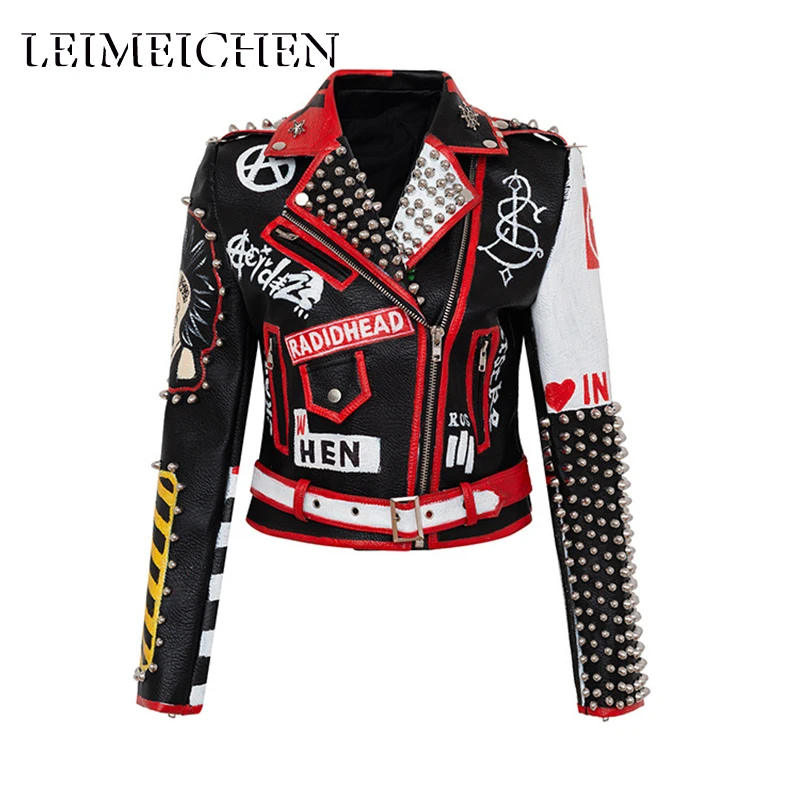 

Кожаная куртка LEIMEICHEN из искусственной кожи, Женская куртка с заклепками в стиле панк-рок, Байкерская черная короткая куртка для мотоциклист...