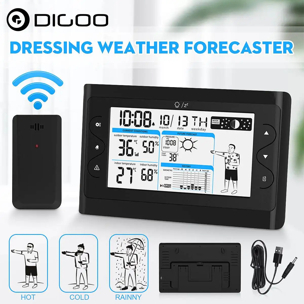 

DIGOO Wireless Weather Station Clocks Indoor Outdoor Thermometer Table Clock With Temperature Humidity Snooze Alarm Clock