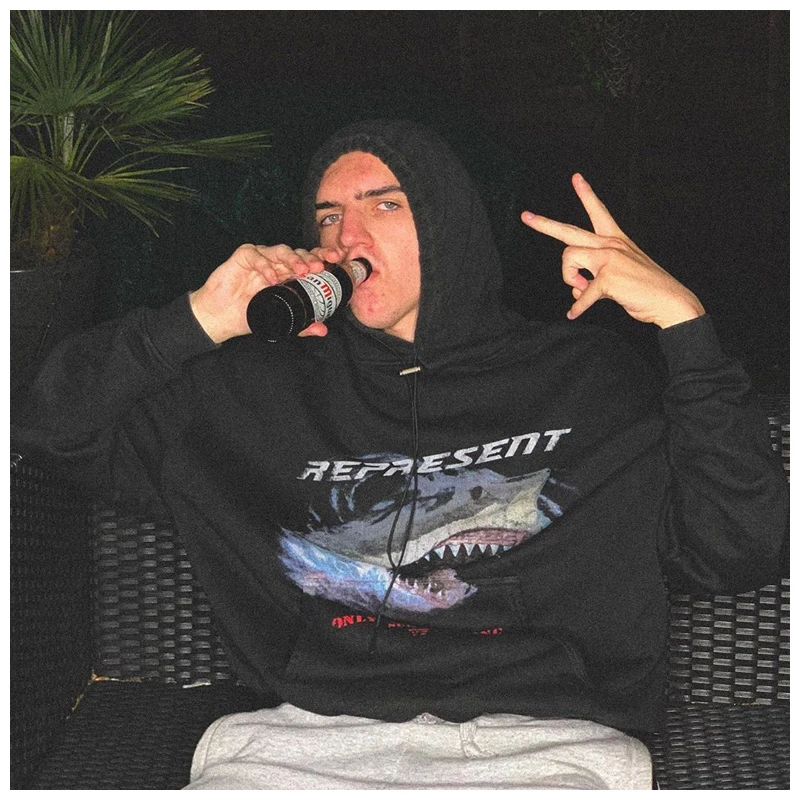 

REPRESENT 2020 Winter new shark print loose hoodie couple High Street dark washed old cotton hoodie for men and women