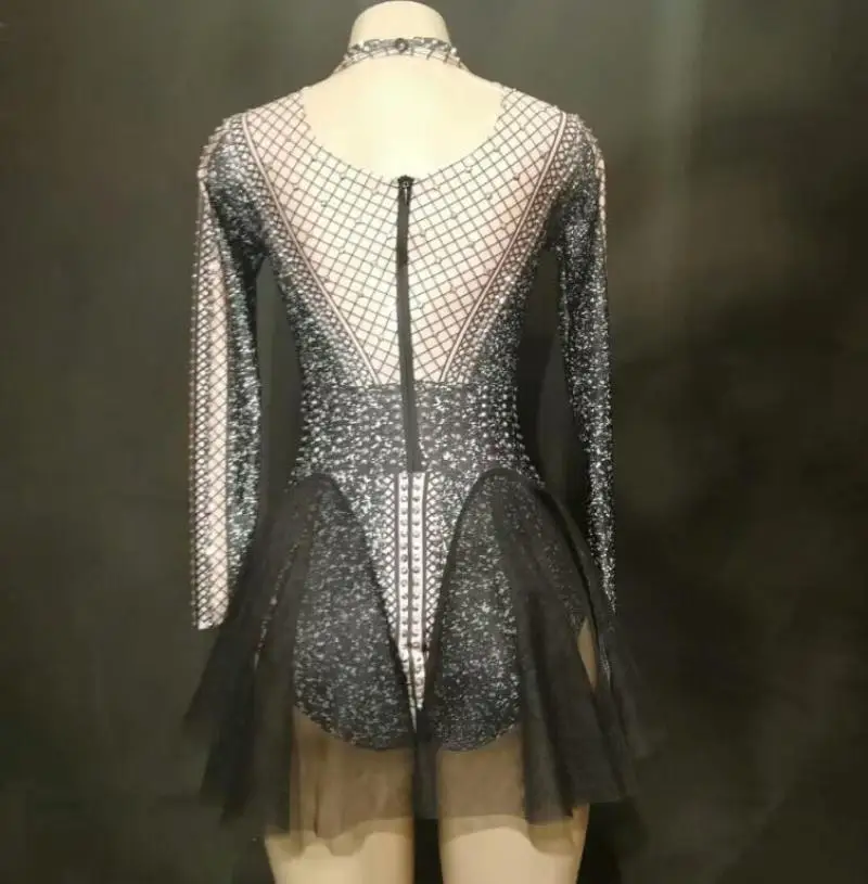 

Shining Black Rhinestone Dress Women Stage Costumes Singers Sexy Costume Prom Celebrate Mesh Dresses Evening Outfit Jumpsuit