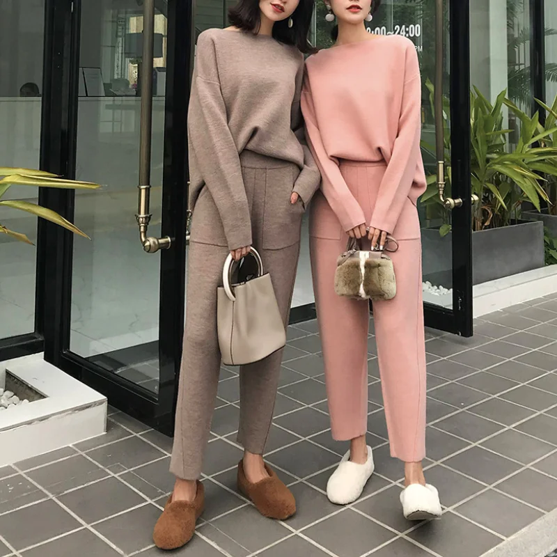 

Casual Sweater Tracksuits Women Knitted 2 Piece Sets O-neck Long Sleeve Jumpers & Elastic Waist Pants Fashion Soild Pant Sets