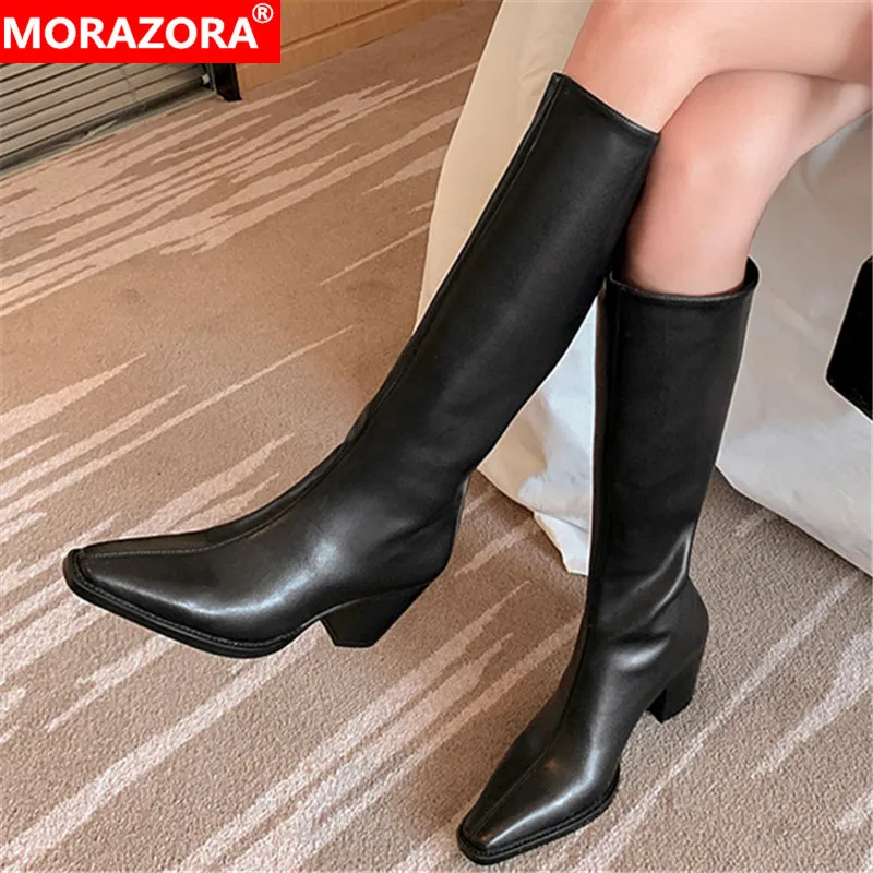 

MORAZORA 2022 Black Cowboy Western Boots Women Genuine Leather Boots High Heels Fashion Shoes Autumn Knee High Boots Women