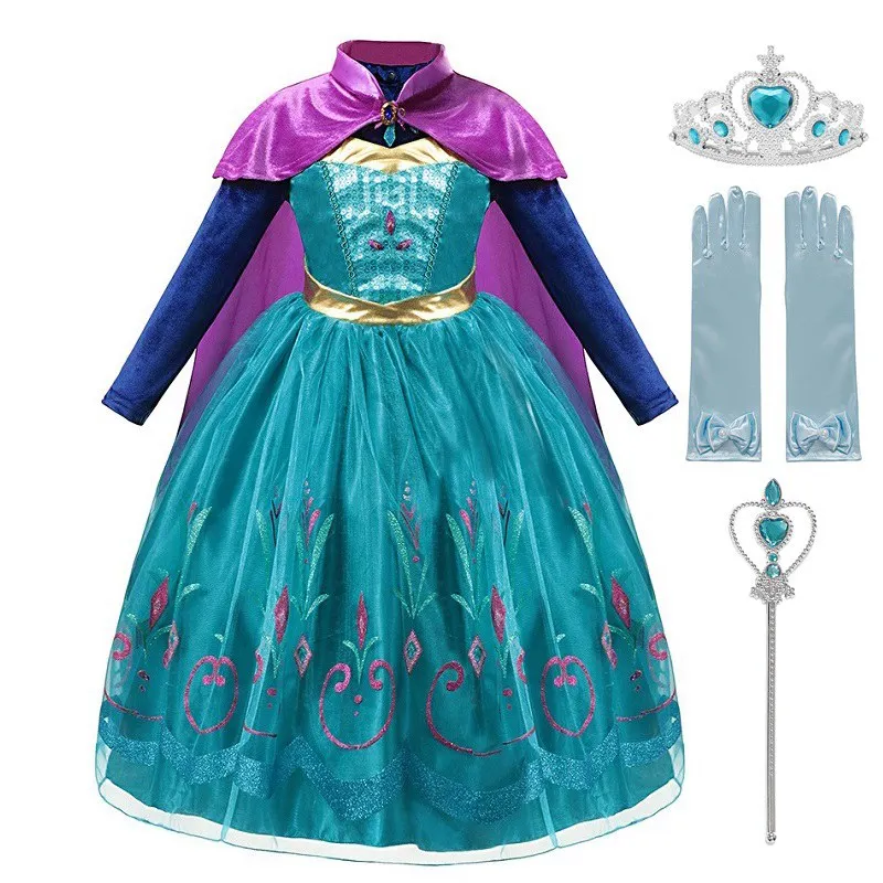 Elsa Dress Set 01 MUABABY/нарядное платье «Эльза», «Анна», «Делюкс», с длинными рукавами, с блестками, «Снежная королева», нарядный костюм принцессы, детский длинный плащ, Пышное Платье - Цвет: Elsa Dress Set 01