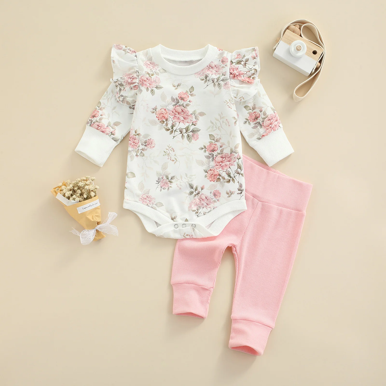 

Autumn 2Pcs Baby Girls Casual Clothing Sets Infant Flower Print O-Neck Long Sleeve Rompers Solid Color Trousers Newborns 0-18M