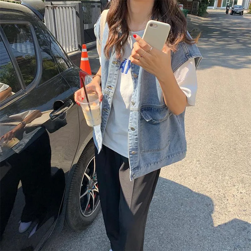 

Vests Women High Street Summer Chic All-match Ladies Denim Outwear Cargo Stylish Simple Basic Sleeveless Pocket Womens Jackets